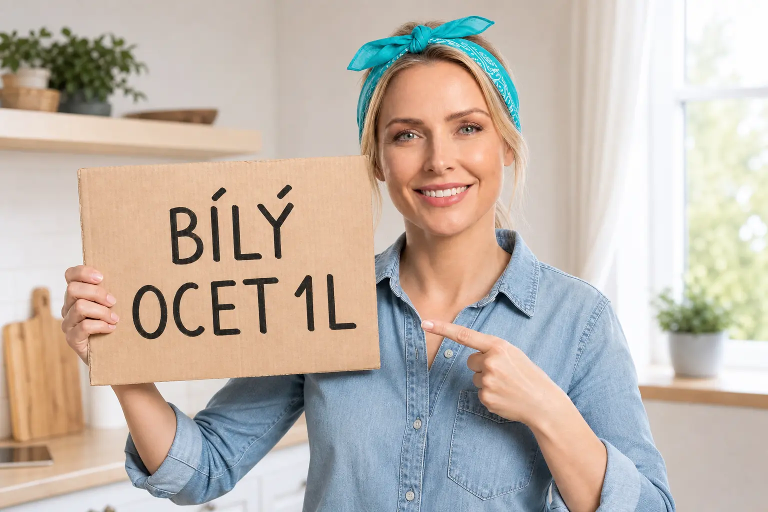 Bílý ocet v litrovém balení připravený k uložení do domácí skříňky