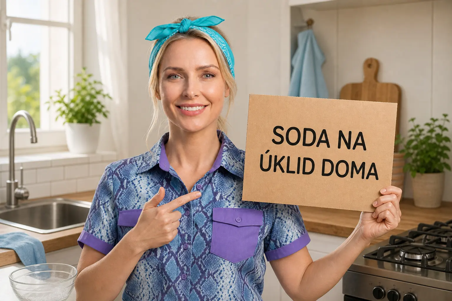 Soda na úklid doma vedle navlhčené utěrky a houbičky