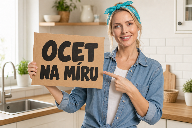 Šarlota drží tabuľku OCET NA MÍRU vo svetlej kuchyni