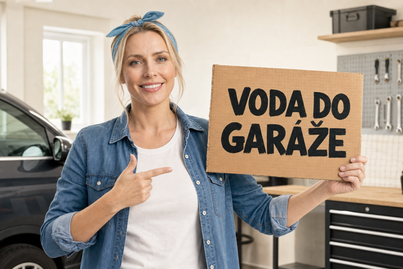 Šarlota drží tabuľku VODA DO GARÁŽE v čistej domácej garáži