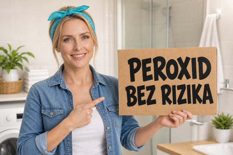 Šarlota drží cedulku Peroxid bez rizika ve světlé koupelně