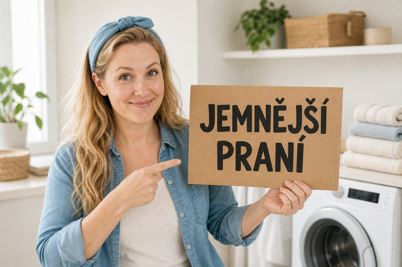 Šarlota drží cedulku JEMNĚJŠÍ PRANÍ ve světlé prádelně