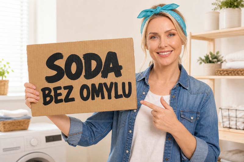 Šarlota drží cedulku SODA BEZ OMYLU ve světlé prádelně