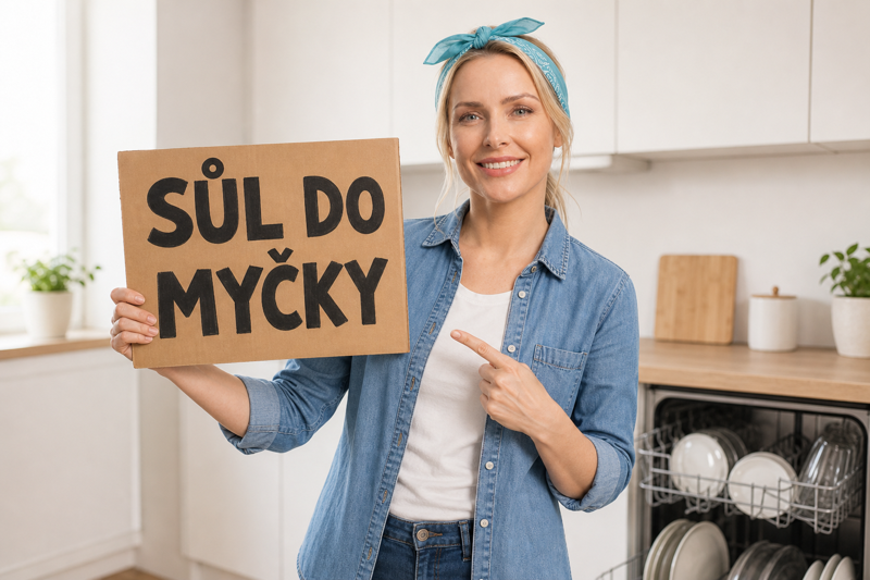 Šarlota drží tabuľku SŮL DO MYČKY vo svetlej kuchyni pri otvorenej umývačke
